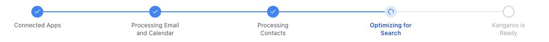 Indexing process steps: Connected Apps, Processing Email and Calendar, Processing Contacts, Optimizing for Search, Kangaroo is Ready